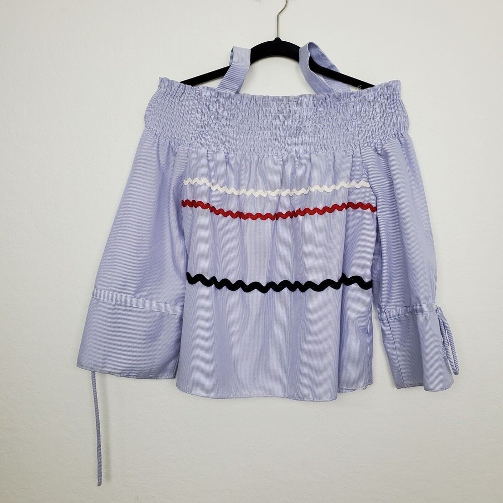 Maeve Top Women Small Blue Striped Smocked Off Shoulder Ric Rac Tie Sleeve Strap